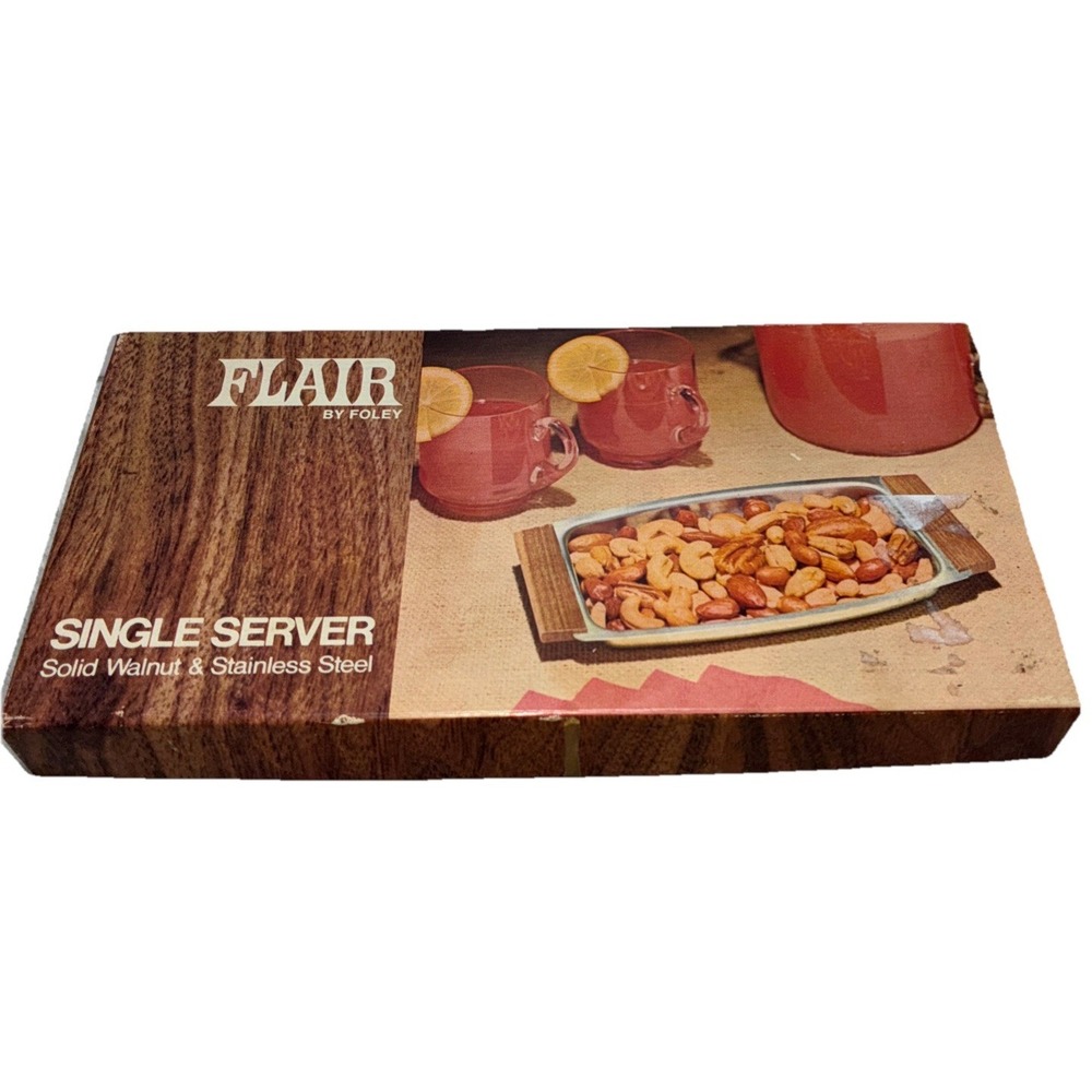 Vintage Snack Tray Single Server Walnut Stainless Steel Flair By Foley 8x4" NEW